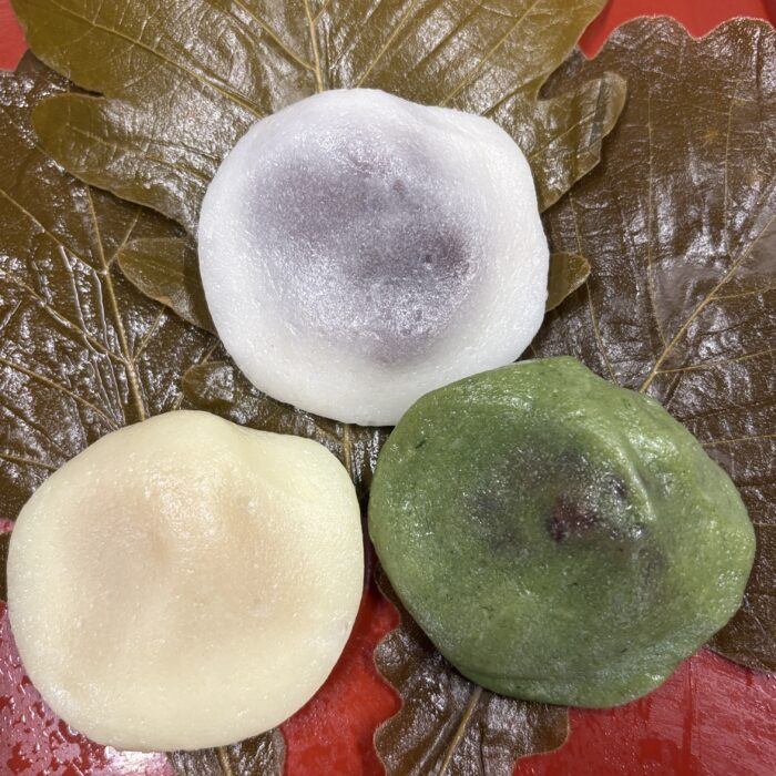 白・みそあん・よもぎ、3種の柏餅を柏の葉の上に並べた