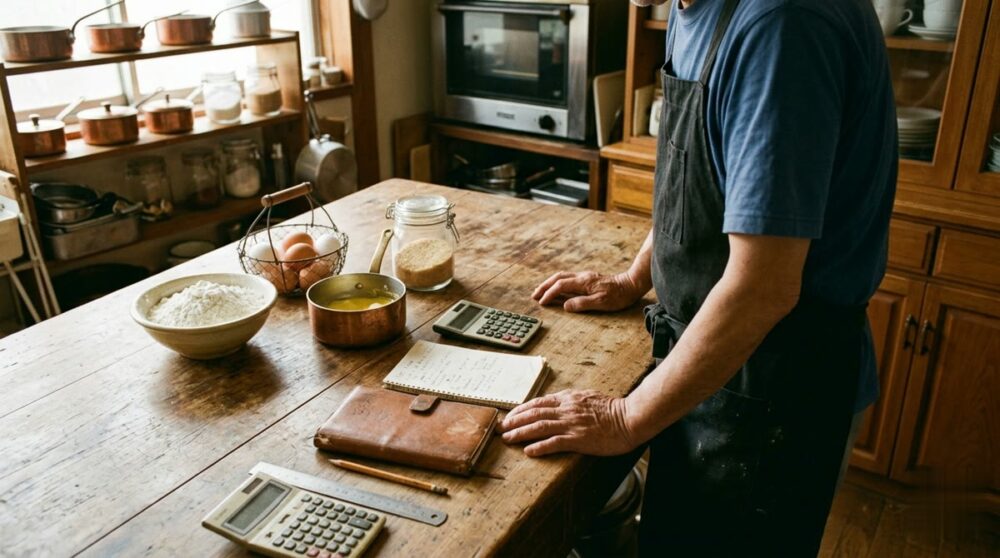 値上げと向き合う職人。作業台に並ぶ製菓材料と帳簿・電卓