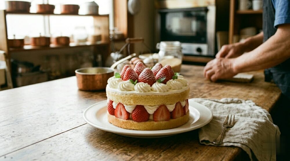 白い皿にのった手作りのいちごショートケーキ