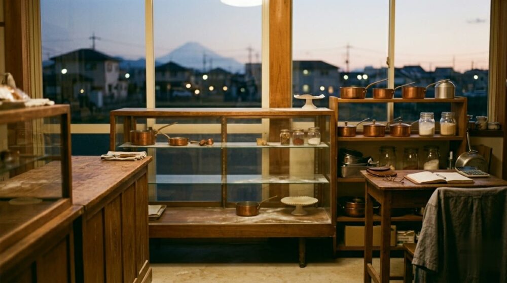 夕暮れの静かなケーキ店の店内とショーケース