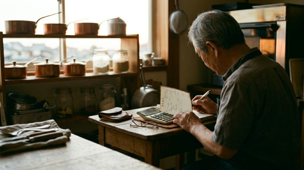 閉店後の厨房で帳簿をつける菓子職人
