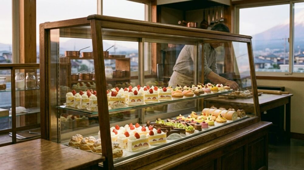 色とりどりのケーキが並ぶガラスのケーキショーケース