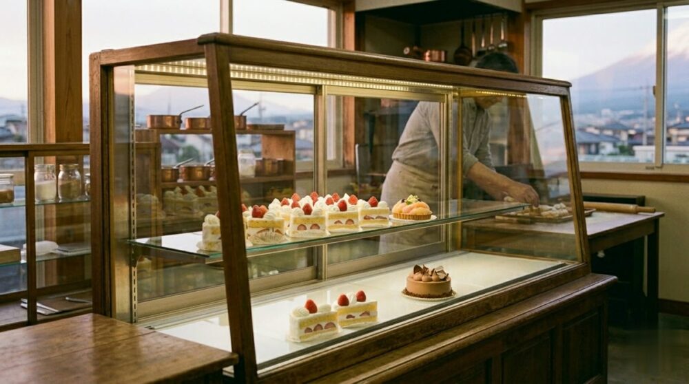 新調したばかりの美しいケーキショーケース