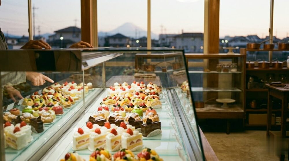 色とりどりのケーキが並ぶガラスのショーケース