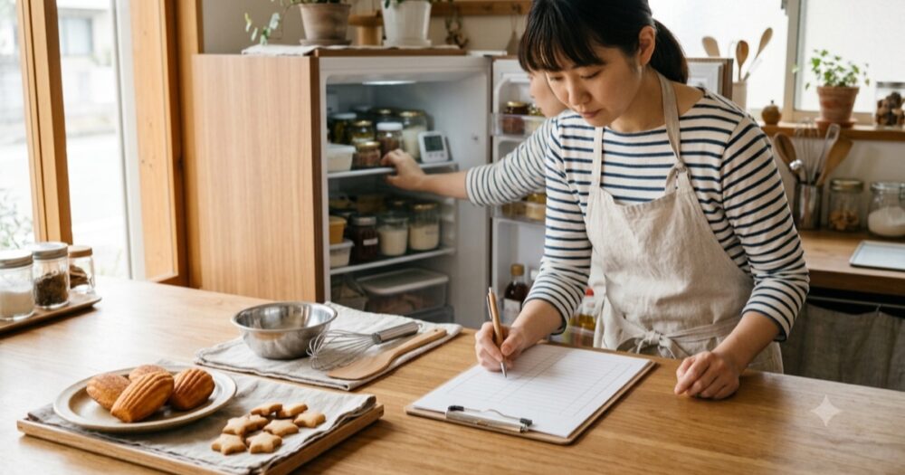 冷蔵庫を確認しながらクリップボードの記録表に記入する作業風景