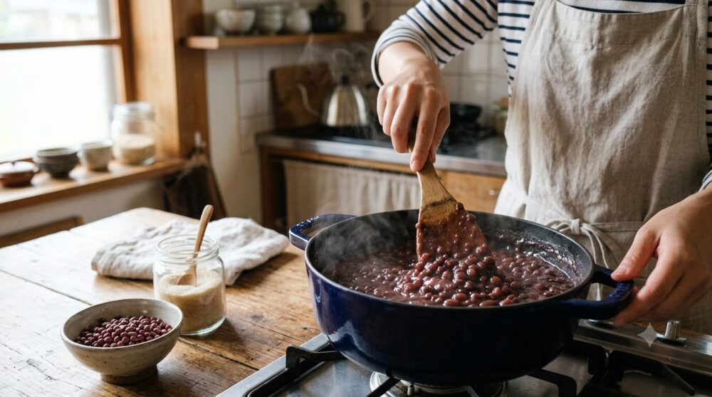 鍋で湯気を立てる粒あんを木べらで練る手元、傍らに小豆と砂糖
