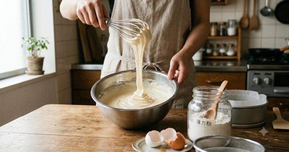 泡立てたスポンジケーキの生地が、泡立て器からリボンのようにとろりと落ちるようす。奥に18cmの丸型とオーブンシート、手前に薄力粉の瓶と割った卵の殻